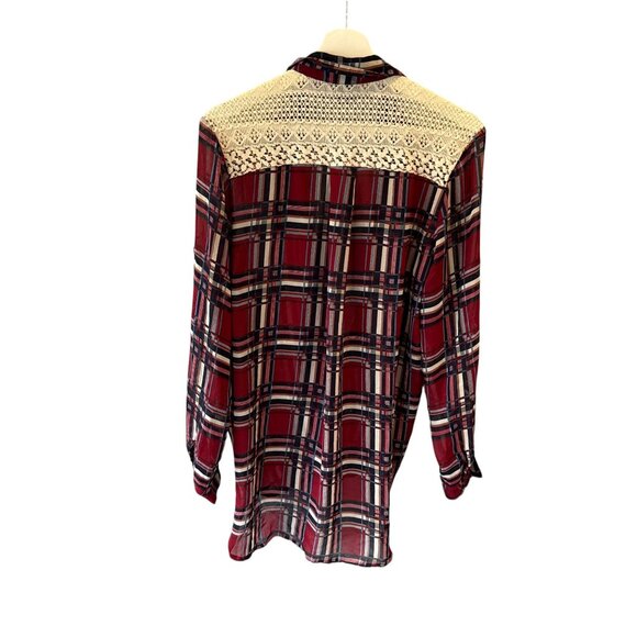 Imaginary Voyage Plaid Lace Drape Front Blouse Red Sheer M Western Cottage - Picture 5 of 8